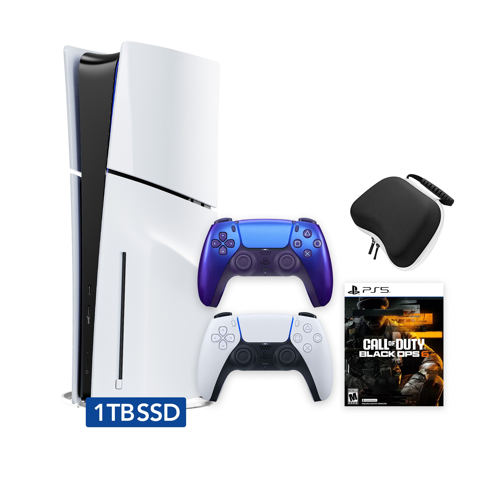PlayStation 5 Slim Disc 1TB SSD Call of Duty Black Ops 6 Bundle with Two Controllers, White and Chroma Indigo DualSense, Hard Shell Protective Controller Case - PS5 Slim Disc Edition PlayStation 5 Slim Disc 1TB SSD Call of Duty Black Ops 6 Bundle with Two Controllers, White and Chroma Indigo DualSense, Hard Shell Protective Controller Case - PS5 Slim Disc Edition